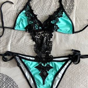 Teal monokini, black lace detail